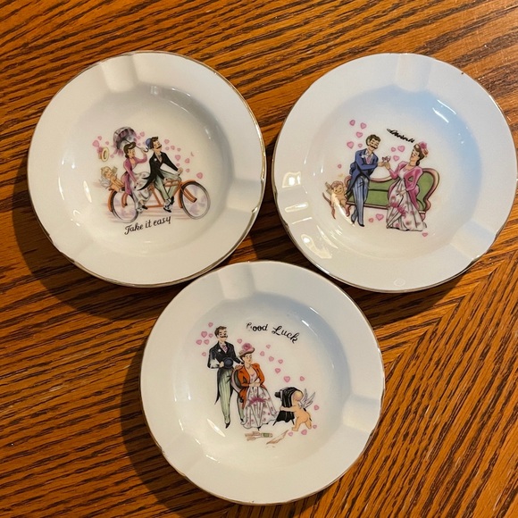 Other - Mid Century Ashtray Set Of 3, Porcelain Gold Hand Painted 4” Diameter Cute Gift